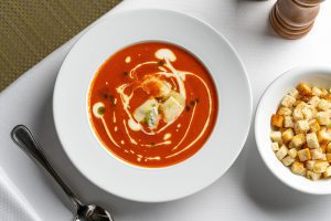 Roasted Kapia Pepper and Tomatoes Cream Soup with Gorgonzola